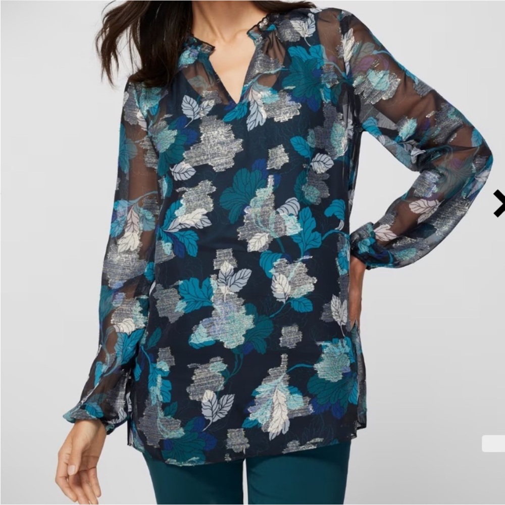 NWOT Chico’s Metallic Leaf Print Sheer Tunic Top Womens 3 (XL) Blue Long Sleeve